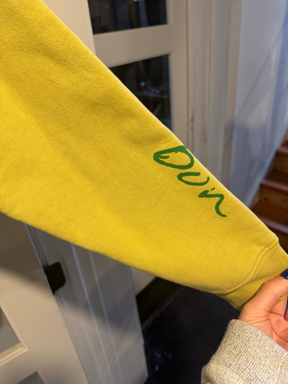 Bon Iver Merch Yellow Green Oversized Crewneck Sweatshirt with Red Script - Picture 3 of 4